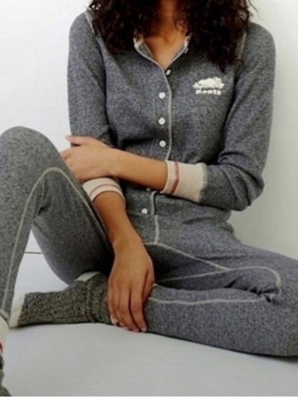Roots Women's Grey Button-Up Sleep Set Cabin Onesie Salt & Pepper
